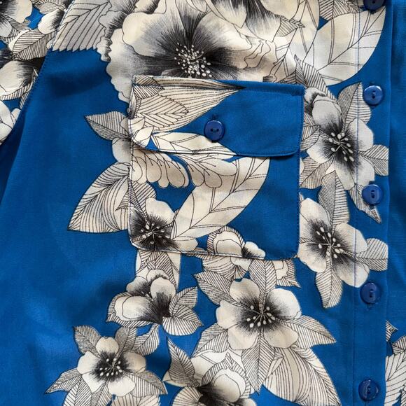 Covet L Azure Blue White Floral Print Long Sleeve Button Front Polyester Blouse - Picture 2 of 8